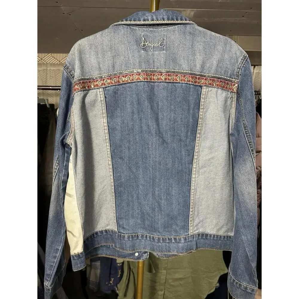 Desigual Embroidered Studs Asian Geisha Denim Patch Jacket 42 (EU) US 10